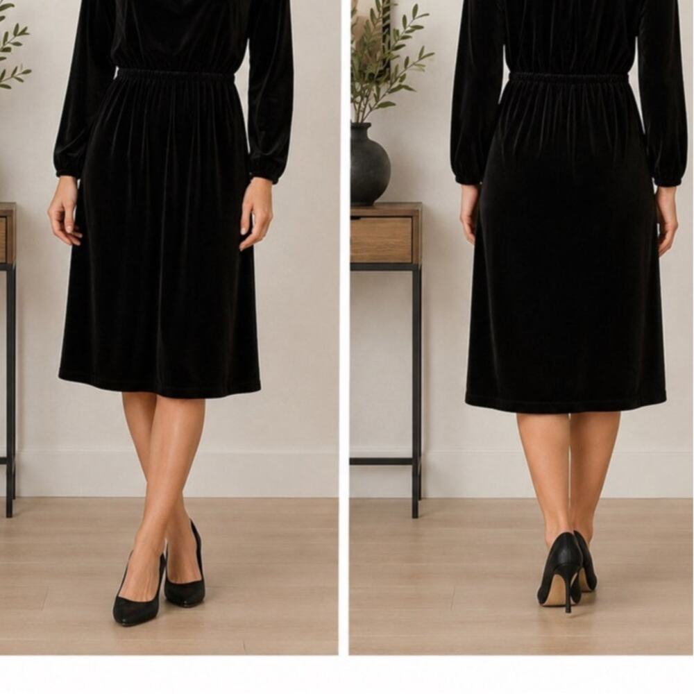 Lands' End Black Velvet Midi Dress Size Small Whimsygoth Keyhole Peasant Style